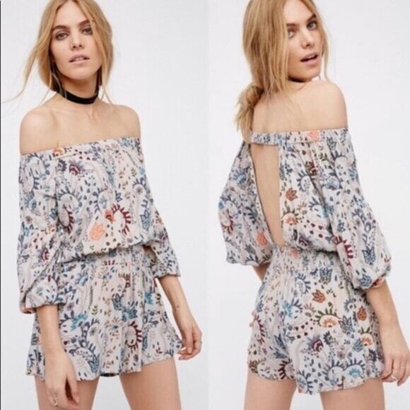 Free people off shoulder floral boho blue gray multicolor romper size Large - Picture 1 of 5